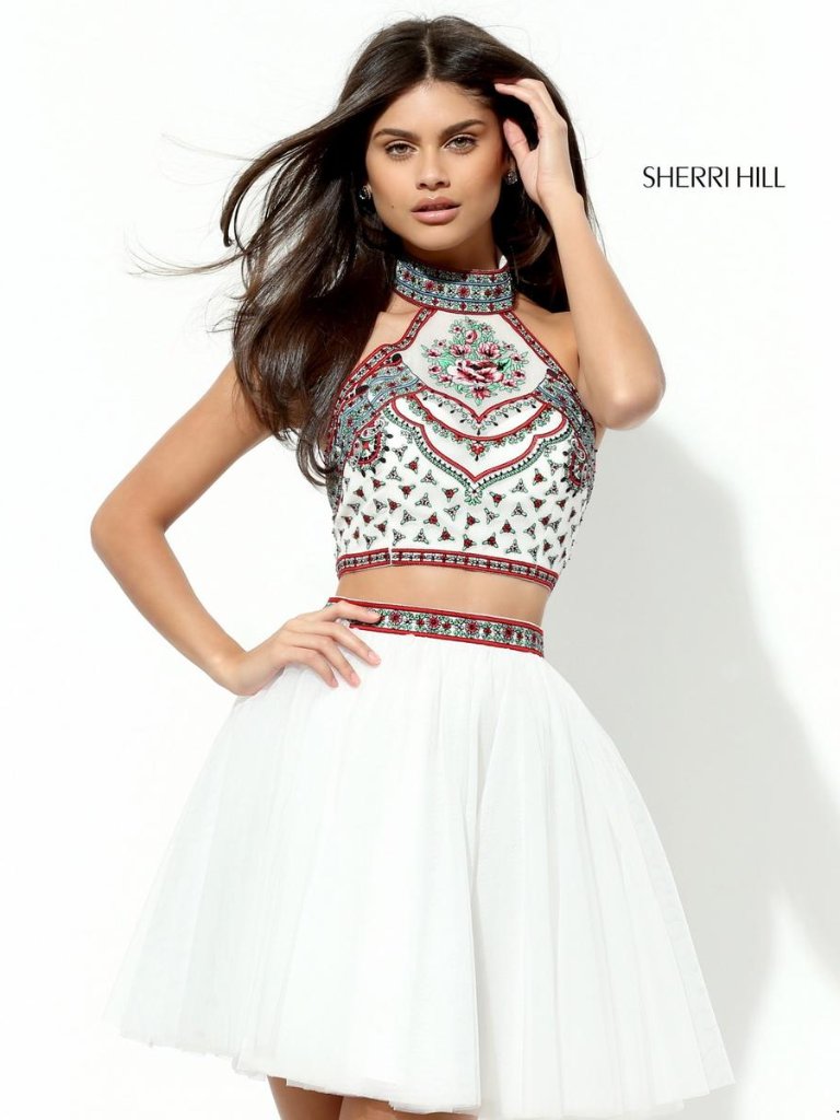 Sherri Hill 50645 Two-Piece Beaded Halter Crop Top Tulle Skirt Size 8 Nwt Ivory